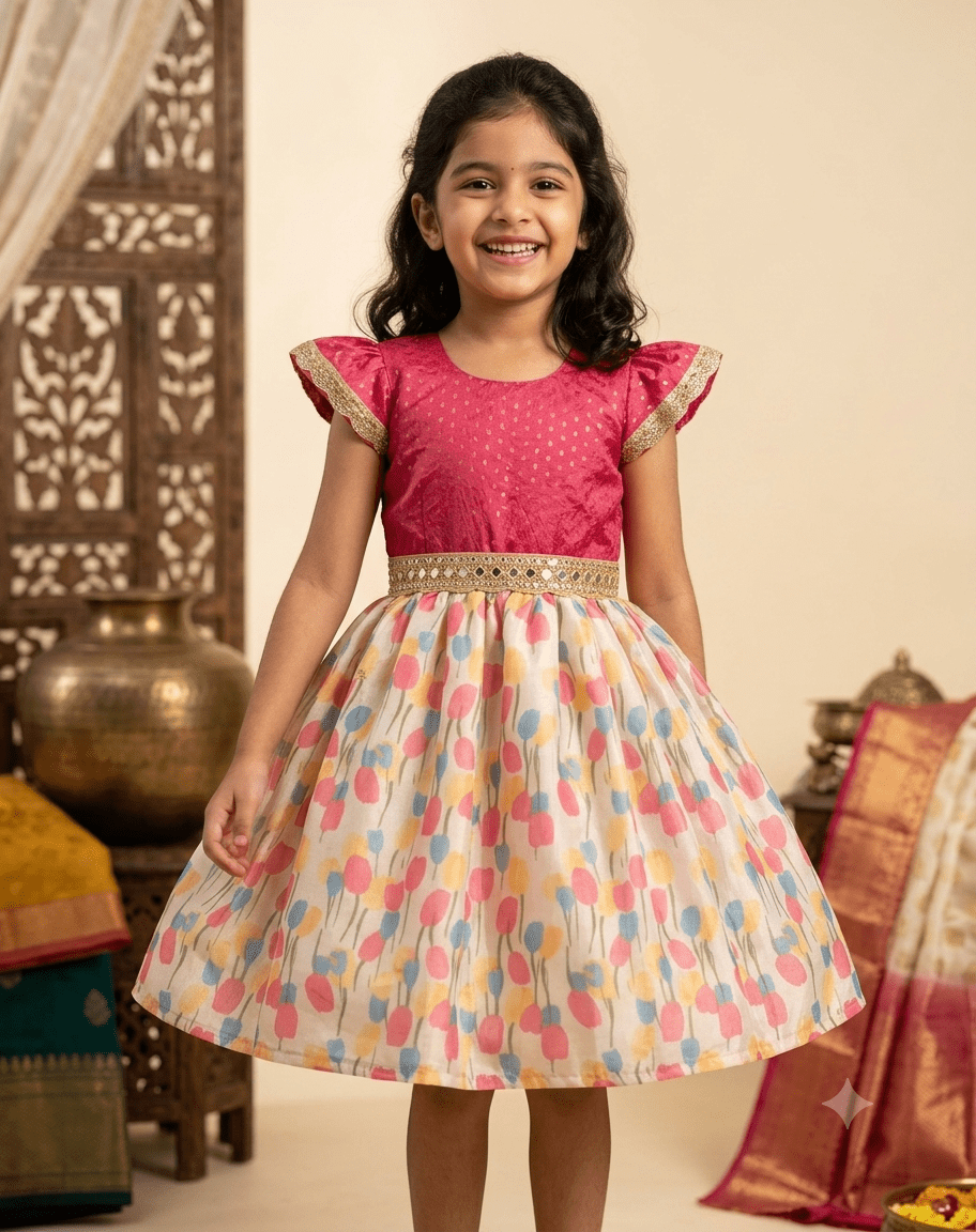 Young Indian girl model wearing pink silk and multi color floral print knee length festive dress - House of Kritee