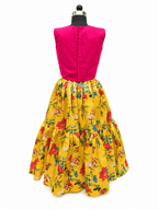 Traditional pink and yellow silk skirt top dress for girls with elephant motif and tassels - House of Kritee