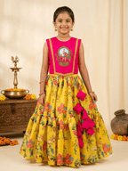 Traditional pink and yellow silk skirt top dress for girls with elephant motif and tassels - House of Kritee