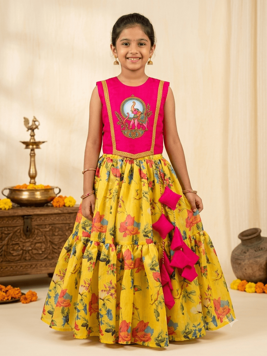 Traditional pink and yellow silk skirt top dress for girls with elephant motif and tassels - House of Kritee