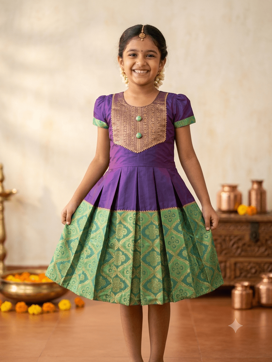 Girls Purple & Green Silk Traditional Frock - House of Kritee