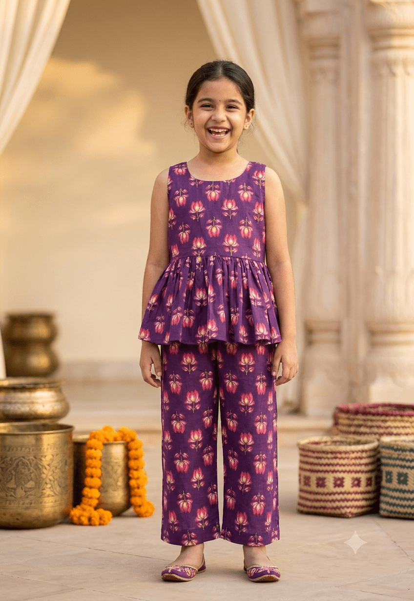 Happy Desi digital girl smiling in a premium purple cotton full co-ord set featuring a pink lotus floral print peplum top and matching trousers in a soft cream garden background.