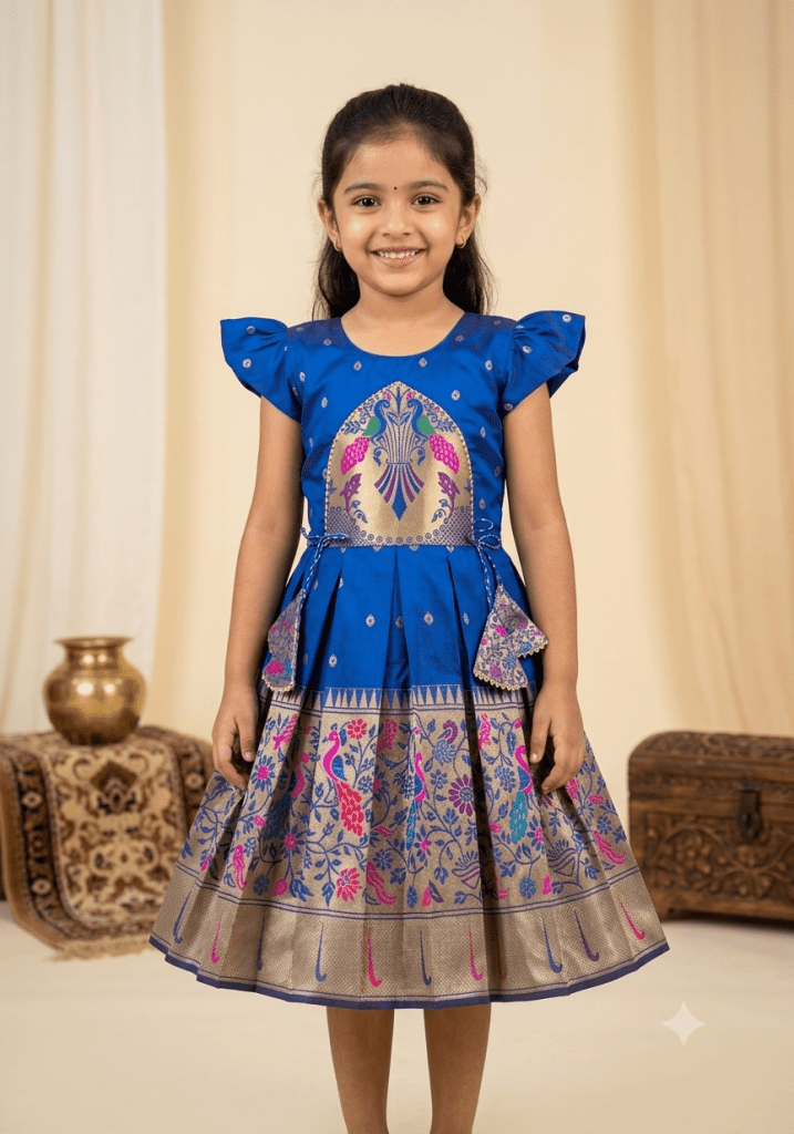 A happy young girl modeling a premium royal blue silk ethnic frock with a patterned skirt and decorative side pouches in a high-end cream background