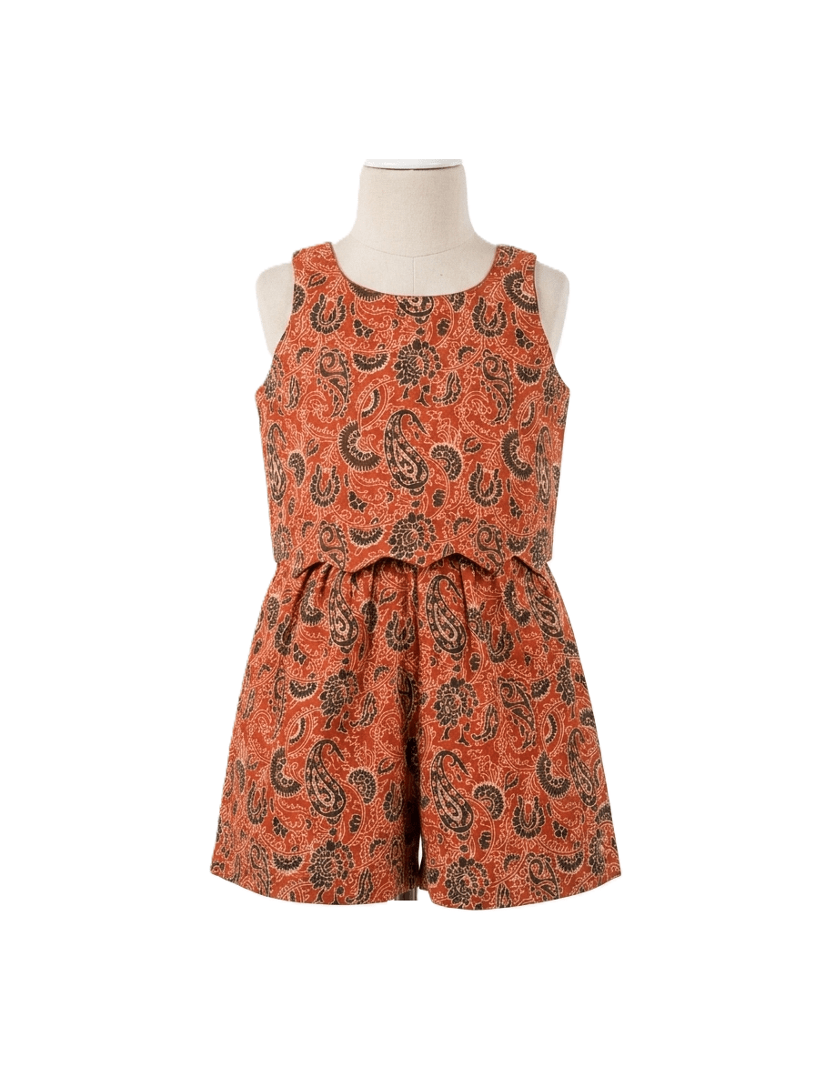 Girls rust cotton co-ord set with sleeveless paisley printed crop top and matching shorts