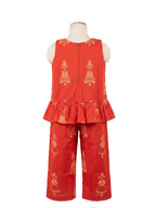 Red outfit with gold embroidery on a mannequin against a white background