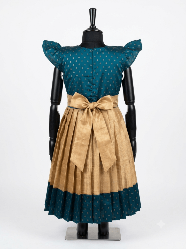 Girls Teal &amp; Gold Ethnic Silk Frock