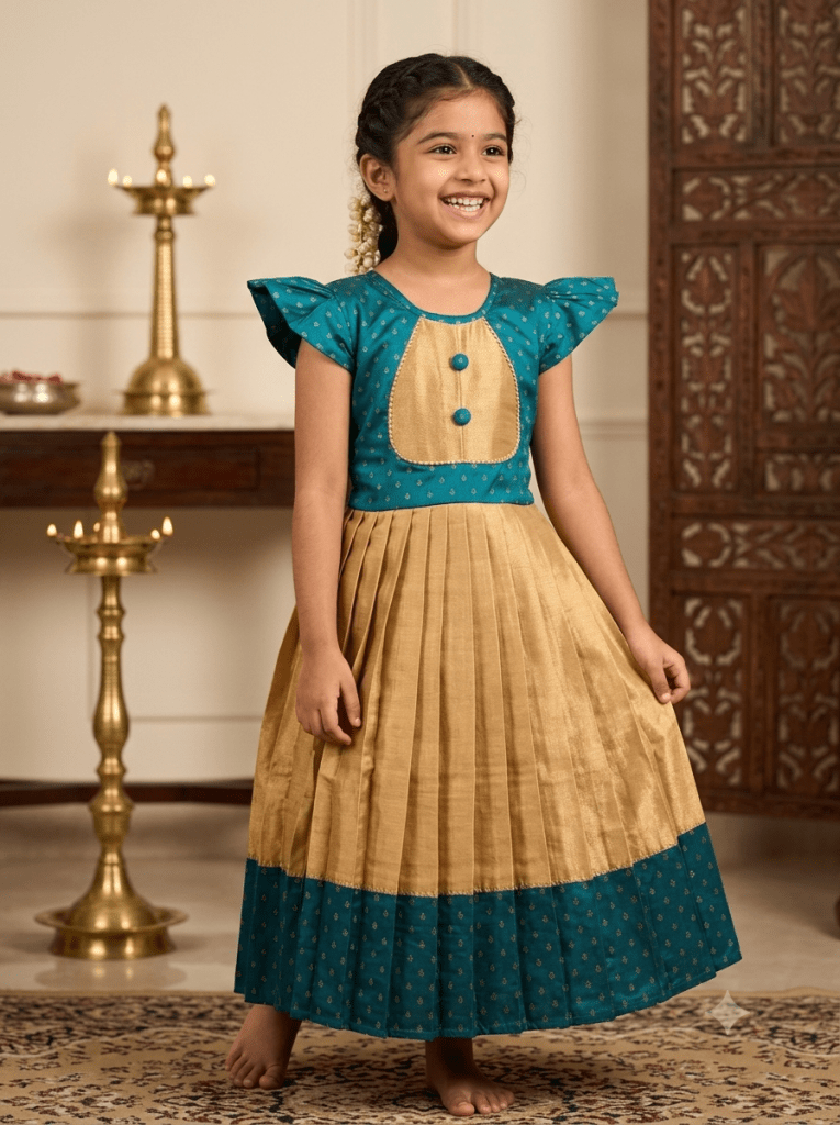 Young Desi girl smiling in a traditional peacock teal and gold ethnic silk frock with flutter sleeves