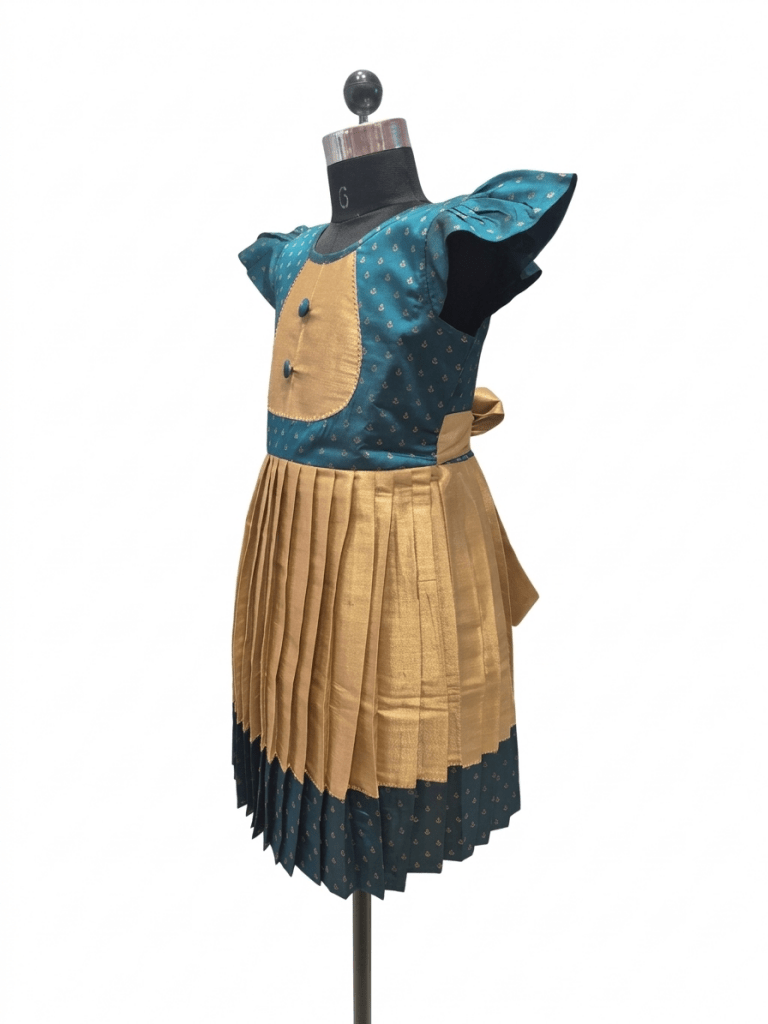 Girls Teal &amp; Gold Ethnic Silk Frock