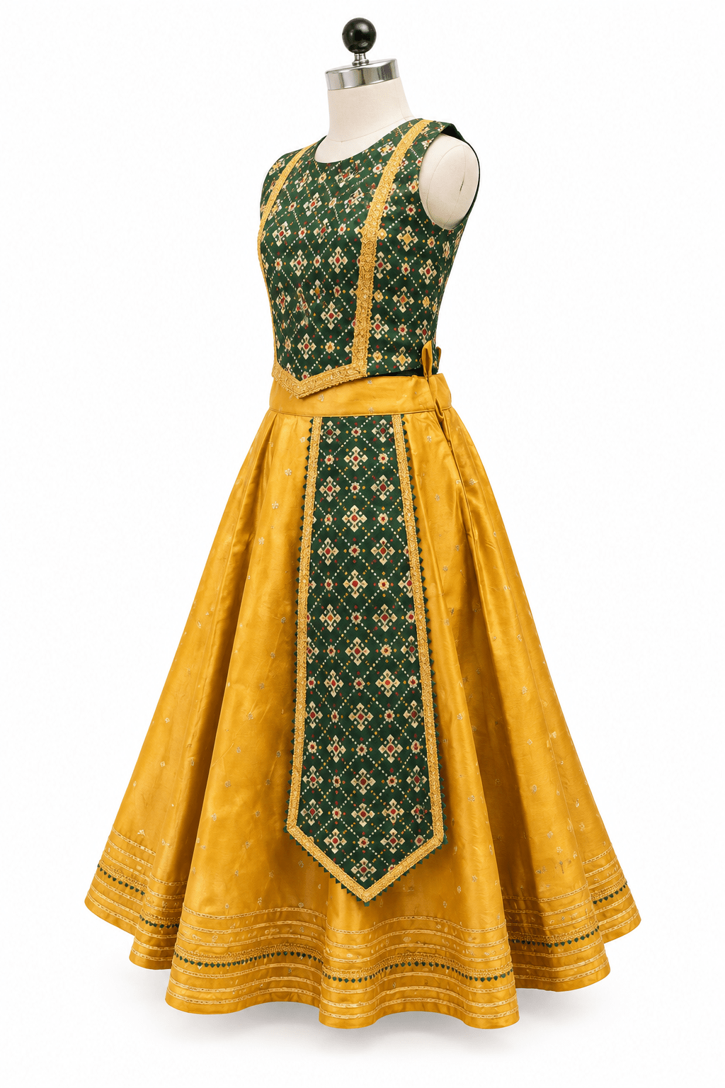 Young Indian girl model wearing traditional yellow and dark green parkar polka lehenga dress set with gold lace border