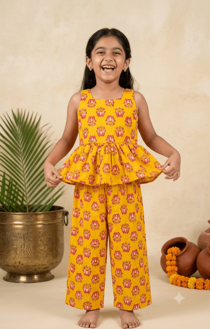 Happy Desi digital girl smiling in a premium mustard yellow cotton full co-ord set featuring a pink lotus floral print peplum top and matching trousers in a soft cream garden background
