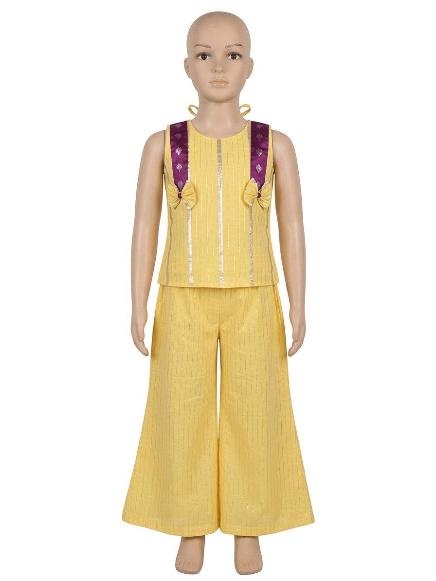 Mannequin wearing a yellow outfit with a purple top on a white background