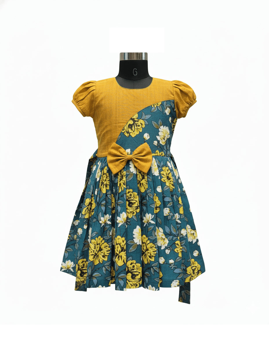 Mustard & Teal Floral Cotton Frock with Puff Sleeves - House of Kritee