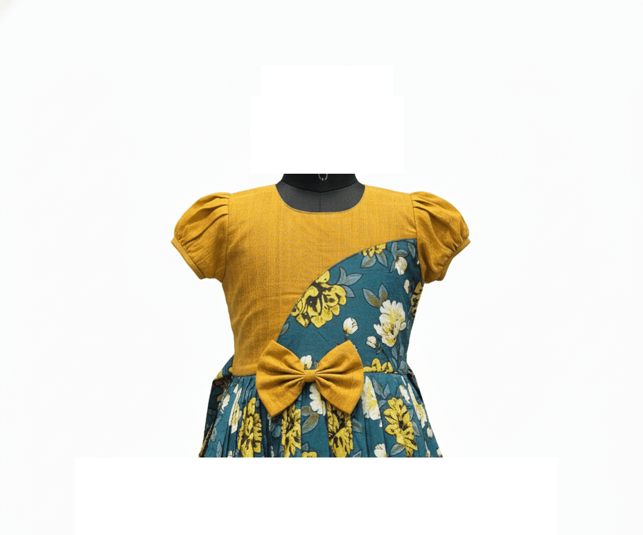 Mustard & Teal Floral Cotton Frock with Puff Sleeves - House of Kritee