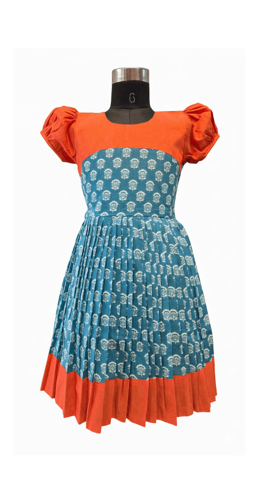 Vibrant Orange & Blue Pleated Cotton Frock - House of Kritee