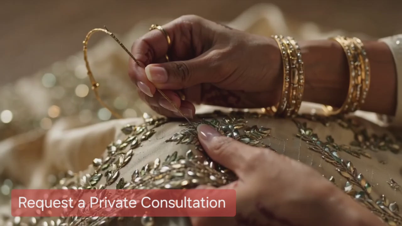Master artisan hand-embellishing gold ethnic couture and an Indian family wearing matching bespoke luxury sherwanis for a celebration. - House of Kritee