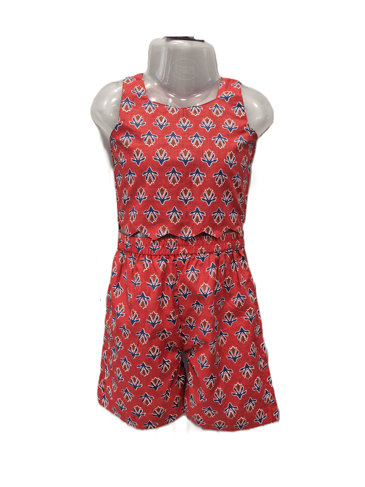 Girls red cotton co-ord set with sleeveless printed crop top and matching shorts