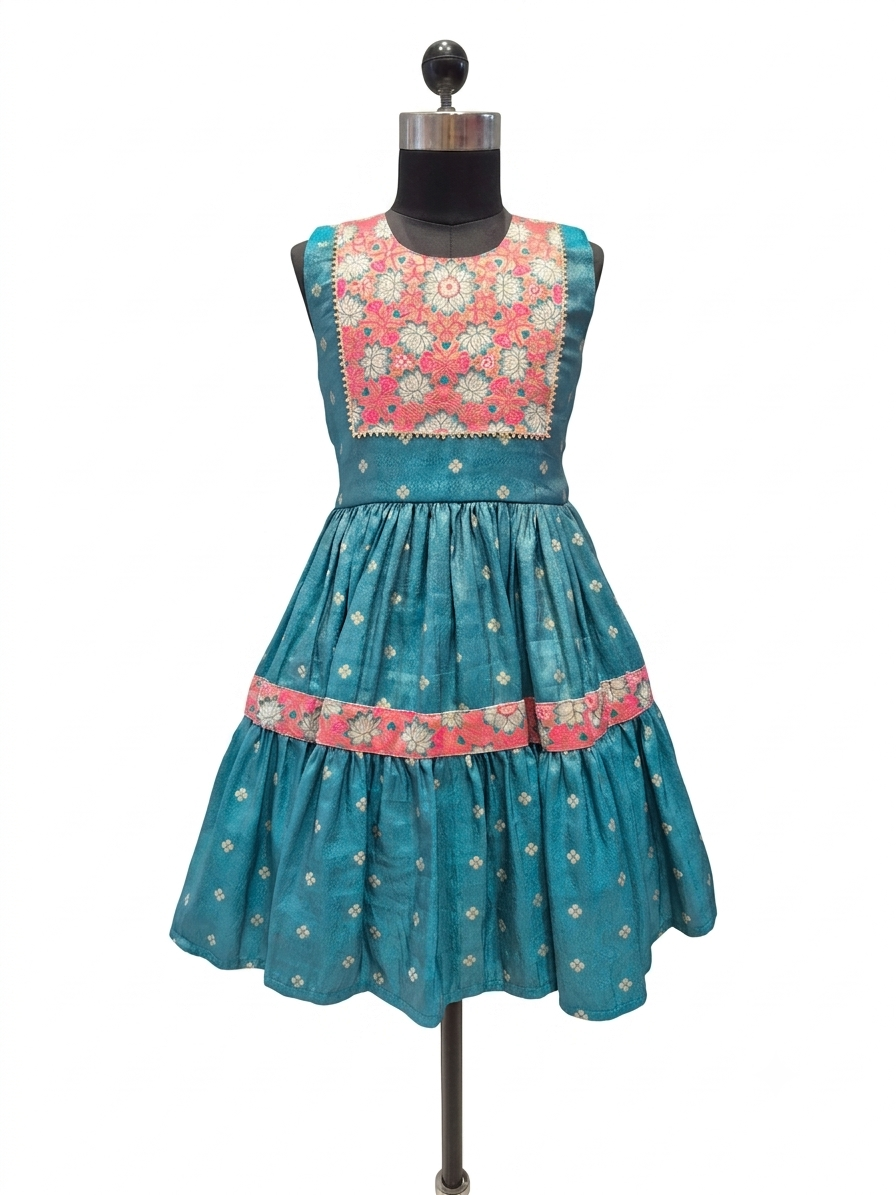 A sleeveless teal blue dress displayed on a black dress form mannequin, featuring a heavily embroidered coral pink and cream floral yoke and a tiered skirt with a matching coral pink band.