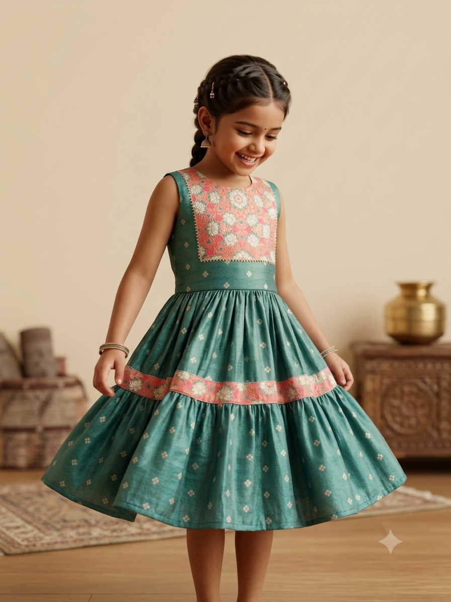 A beautiful teal-green silk tiered frock for girls, with a richly embroidered yoke and hem border