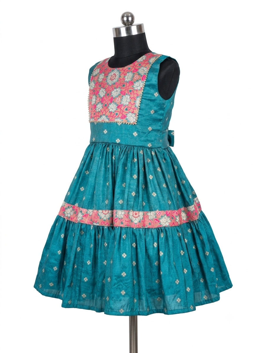 A sleeveless teal blue dress displayed on a black dress form mannequin against a white background. The dress features a pink and white floral embroidered yoke, a tiered skirt with small white motifs, and a pink band with white floral embroidery around the midsection.