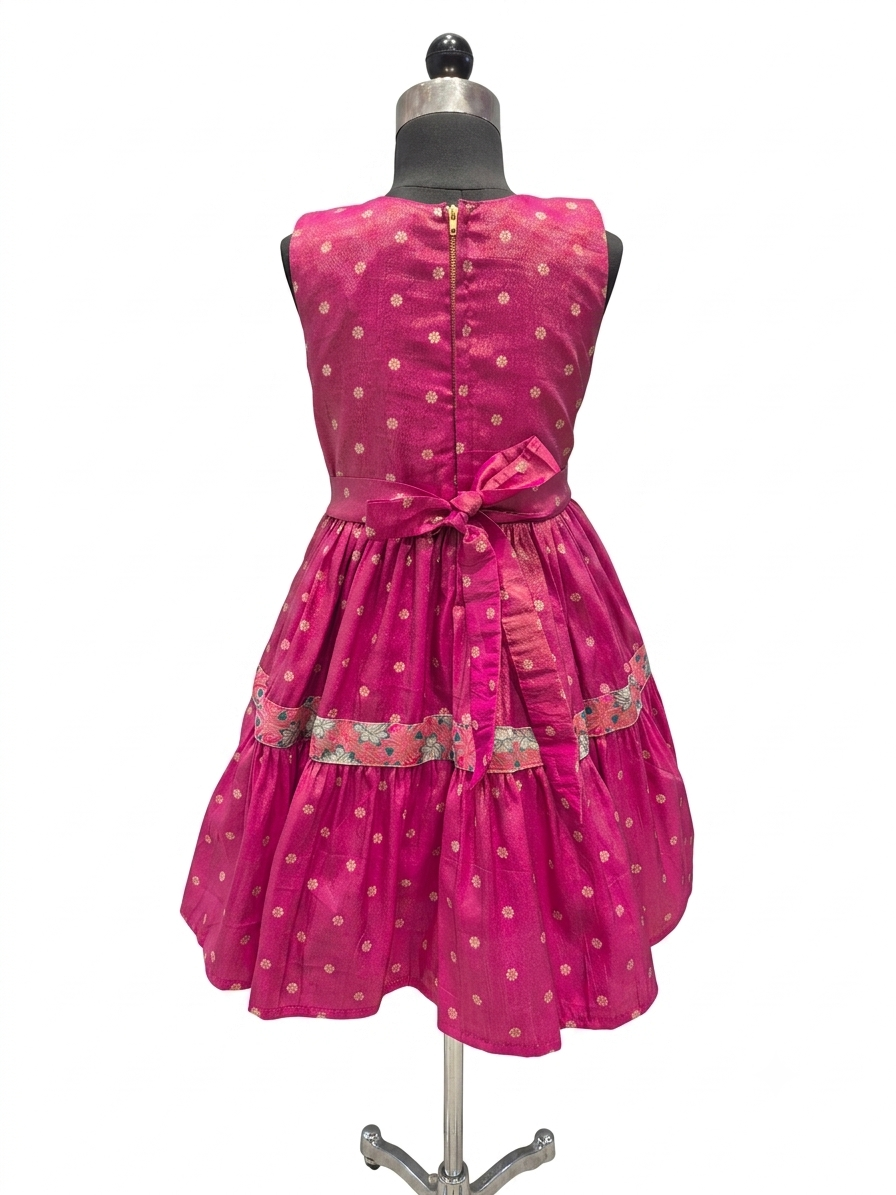 A sleeveless tiered pink dress with gold polka dots and a matching waist tie, displayed on a black dress form mannequin against a white background.