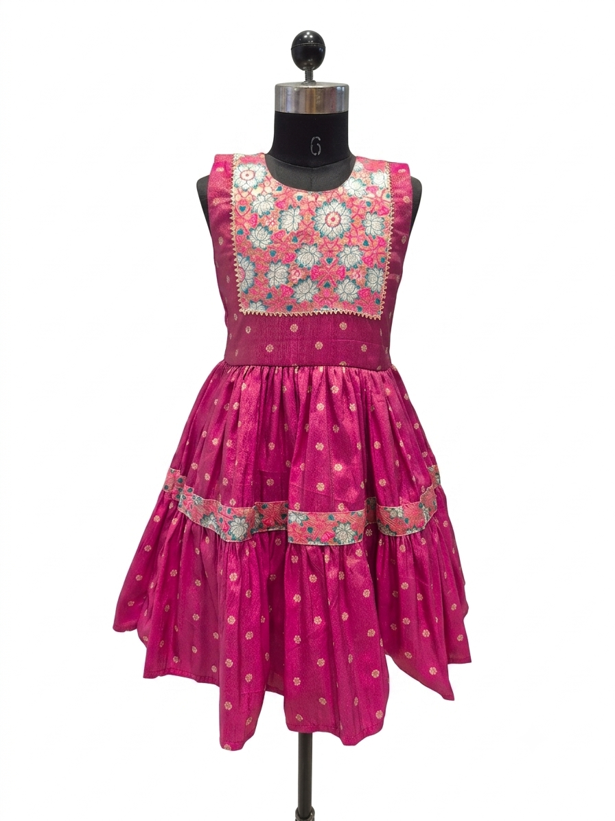 A sleeveless magenta pink dress with a heavily embroidered floral bodice and tiered skirt, displayed on a black dress form mannequin against a white background.