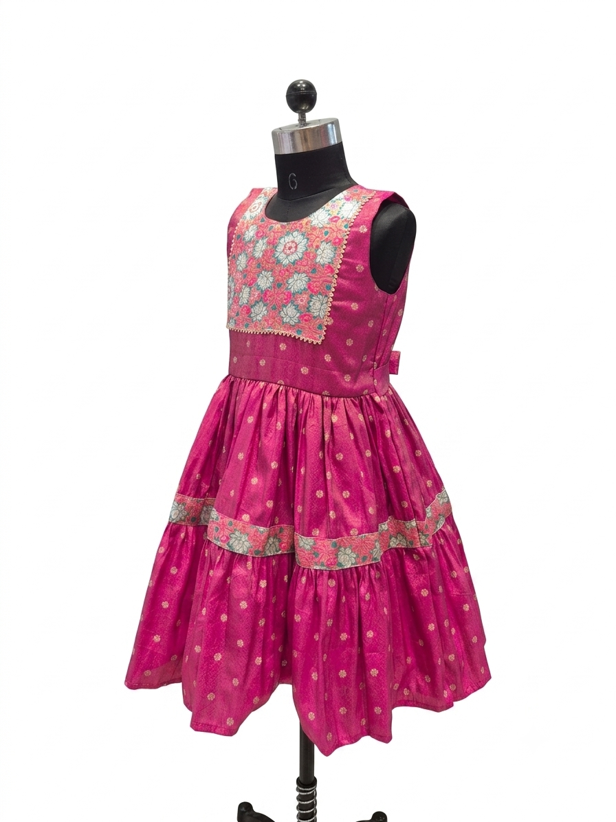 A sleeveless tiered pink dress with white polka dots and a floral embroidered bodice, displayed on a black dress form against a white background.