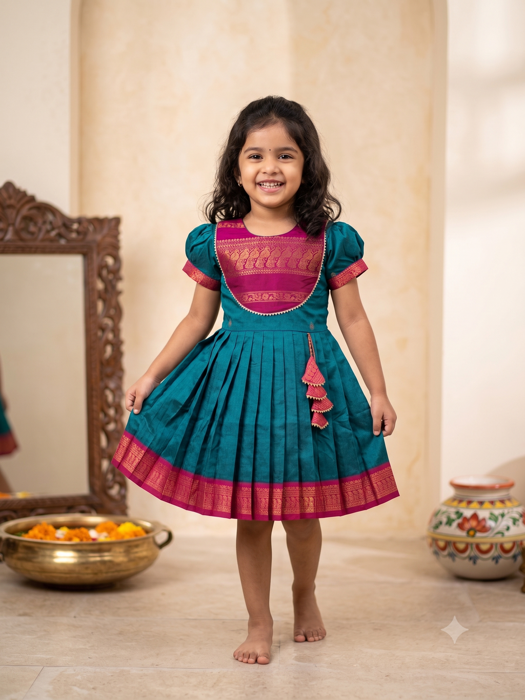 Happy young girl wearing a premium teal blue and magenta silk knee-length frock inside a beautifully decorated warm cream home - House of Kritee