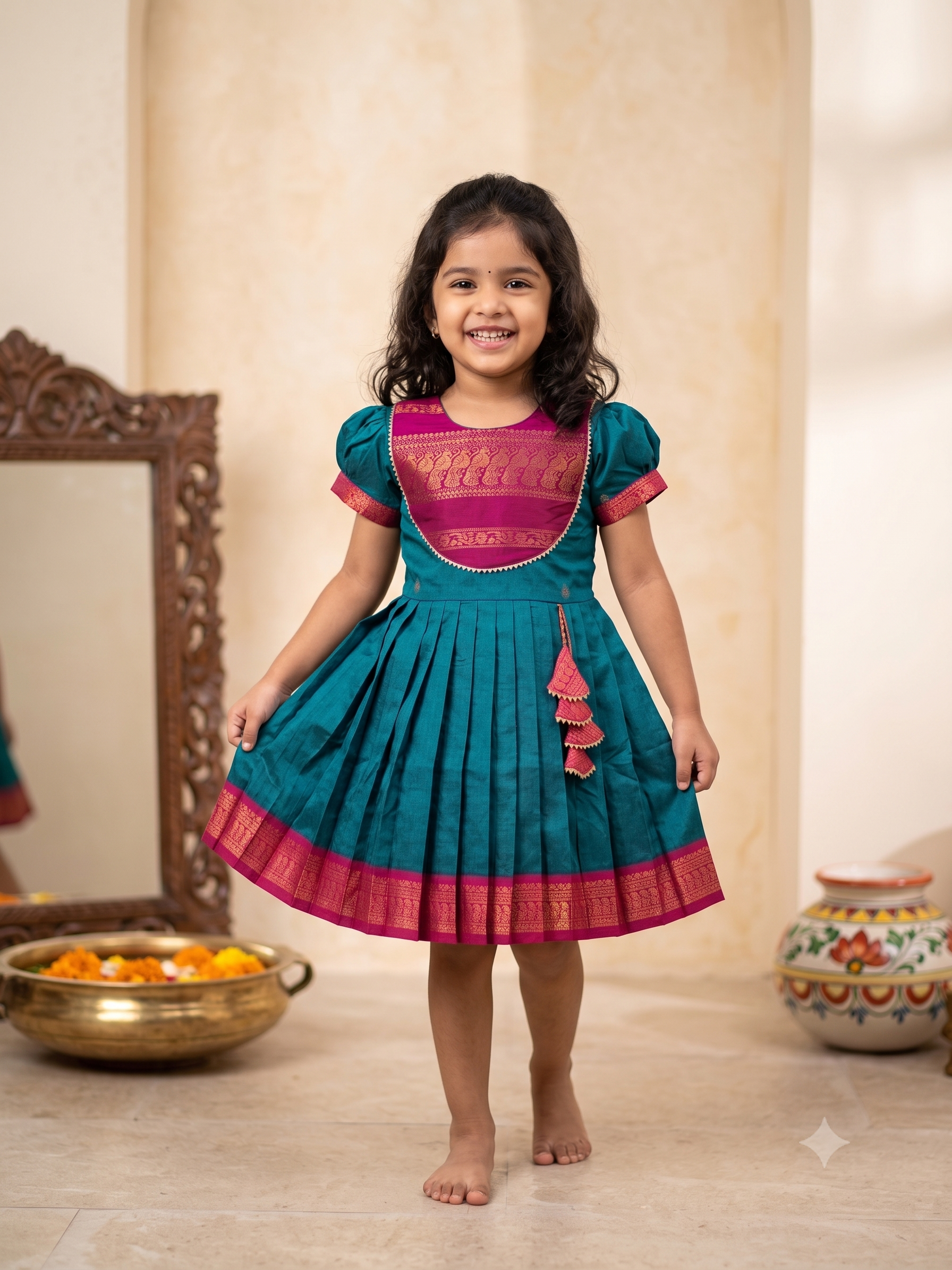 Happy young girl wearing a premium teal blue and magenta silk knee-length frock inside a beautifully decorated warm cream home - House of Kritee