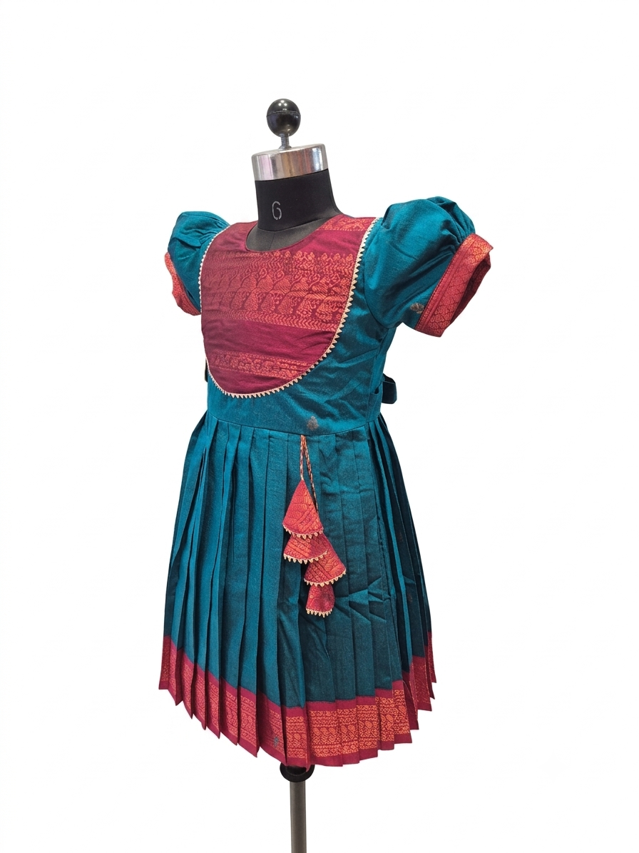 A traditional Indian salwar suit dress displayed on a mannequin, featuring a teal blue body with a pink embroidered yoke and pink border details, set against a plain white background.