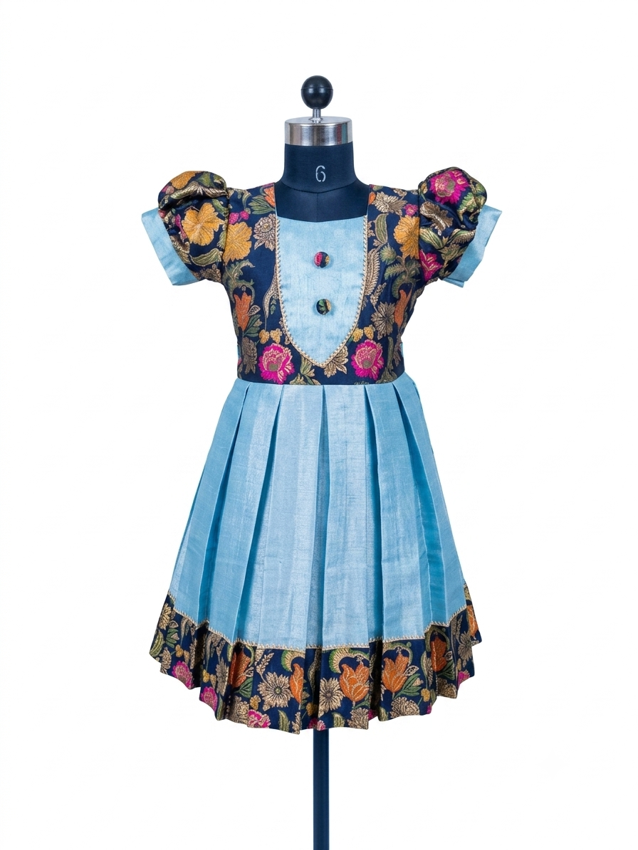 A light blue children's dress displayed on a black dress form mannequin against a plain white background. The dress features a floral-patterned bodice with puff sleeves, a light blue V-neckline with decorative buttons, and a matching pleated skirt with a floral border.  - House of Kritee