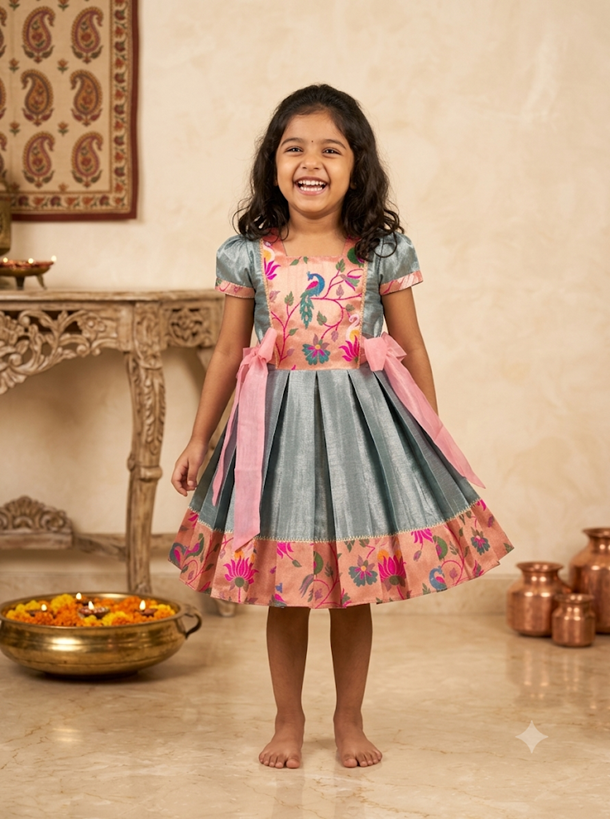 Happy young girl enjoying her premium blue and peach peacock motif silk knee-length ethnic frock inside a warm cream room - House of Kritee