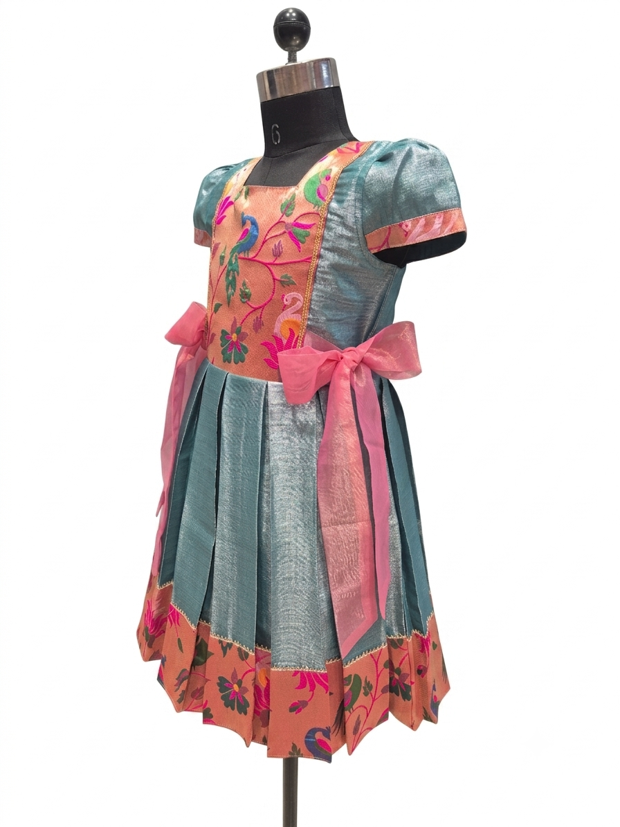 Happy young girl enjoying her premium blue and peach peacock motif silk knee-length ethnic frock inside a warm cream room - House of Kritee