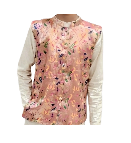 Ivory & Pink Embroidered Silk Blend Kurta Jacket Set