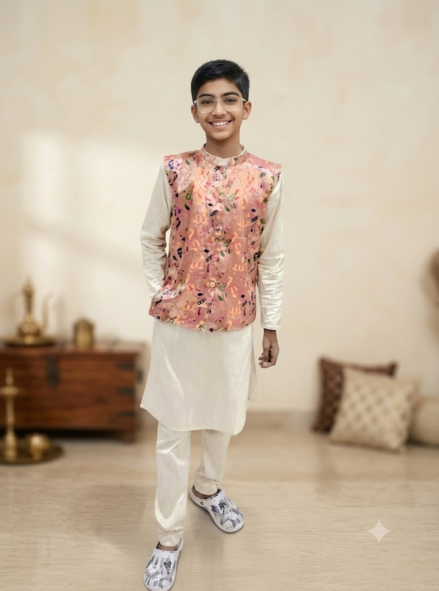 Young boy wearing traditional cream silk kurta pyjama set with a printed peach floral Nehru jacket. - House of Kritee