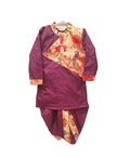 Regal Plum & Gold Peacock Print Kids' Kurta Dhoti Set