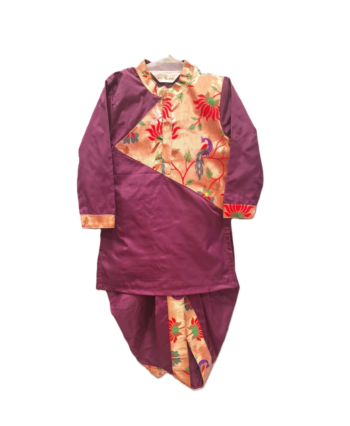 Regal Plum & Gold Peacock Print Kids' Kurta Dhoti Set