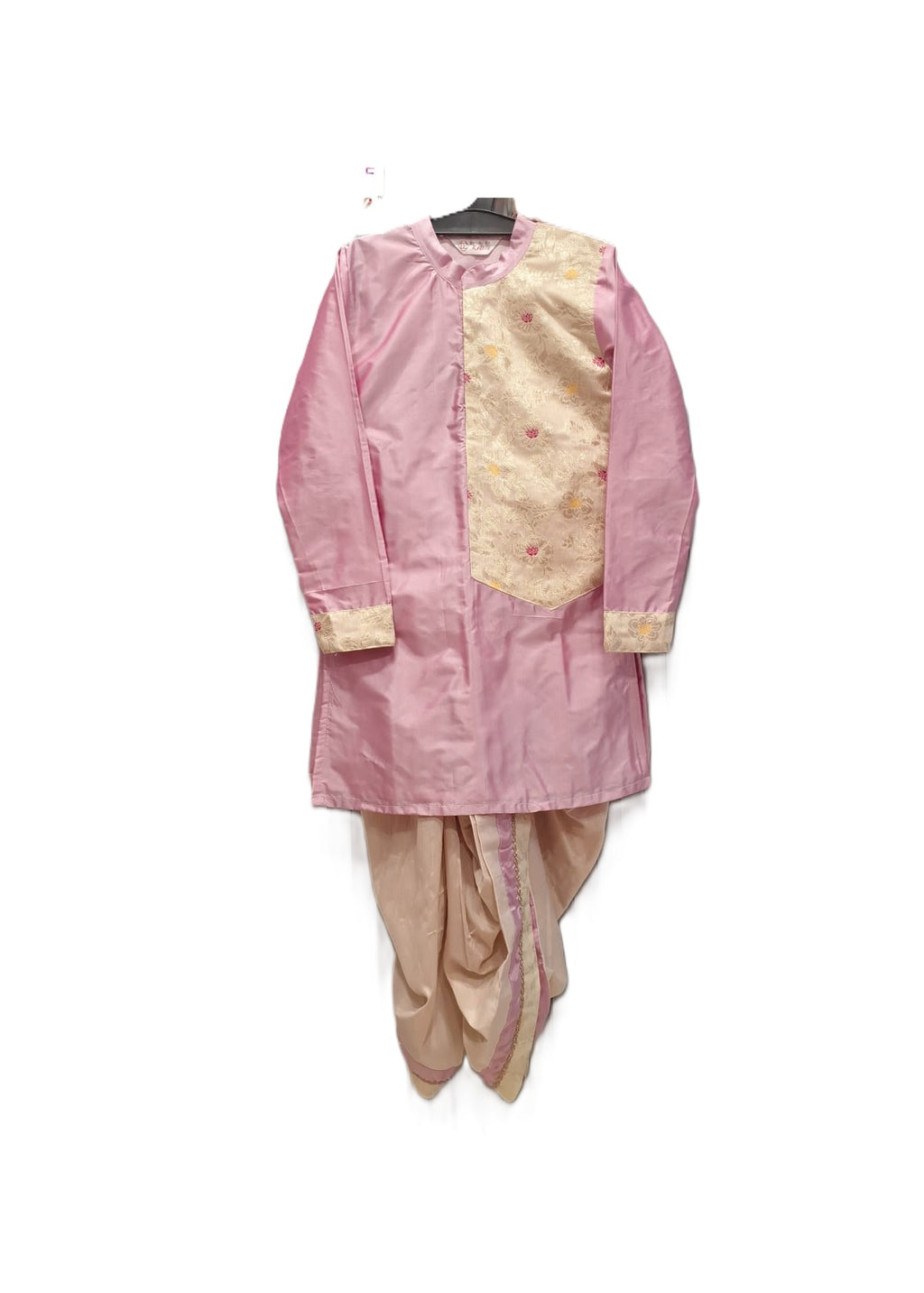 Soft Pink & Cream Floral Brocade Kids' Kurta Dhoti Set
