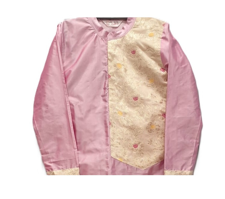 Soft Pink & Cream Floral Brocade Kids' Kurta Dhoti Set