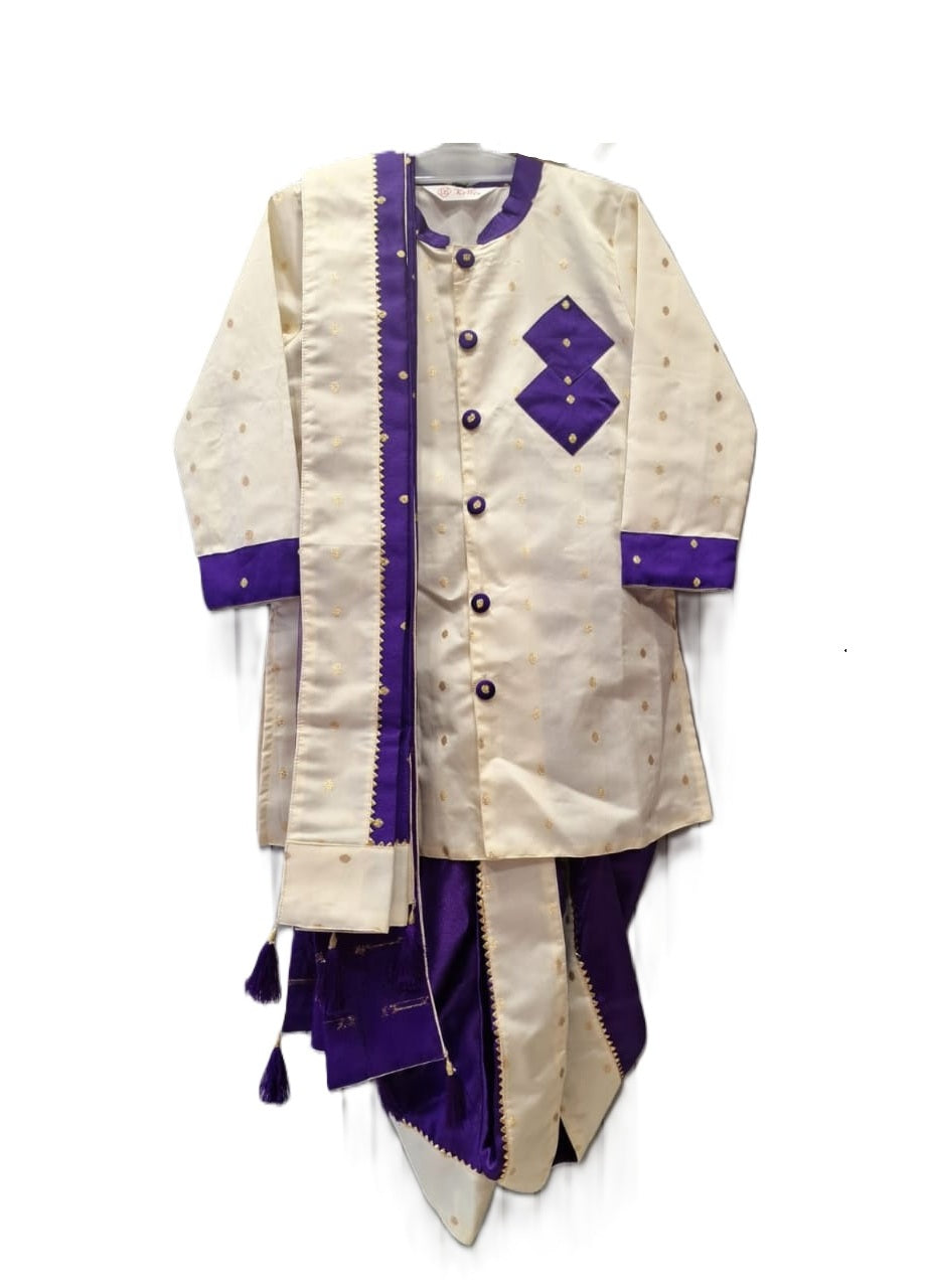 Regal Cream & Purple Bandhgala Kurta Dhoti Set