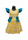 Sunshine Yellow Ikat Print Cotton Frock with Teal Butterfly Sleeves - House of Kritee