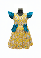Sunshine Yellow Ikat Print Cotton Frock with Teal Butterfly Sleeves - House of Kritee