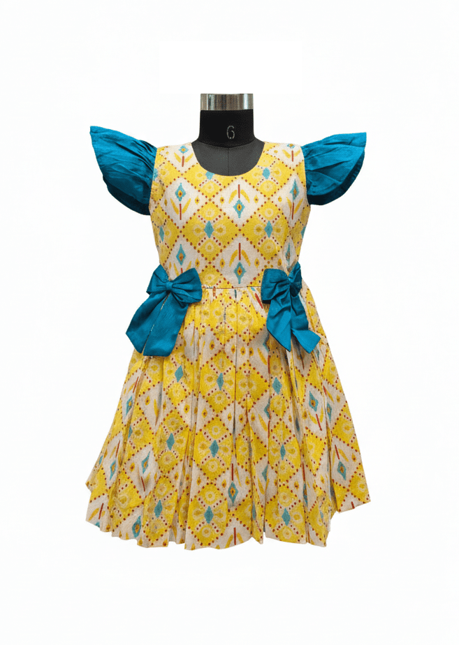 Sunshine Yellow Ikat Print Cotton Frock with Teal Butterfly Sleeves - House of Kritee