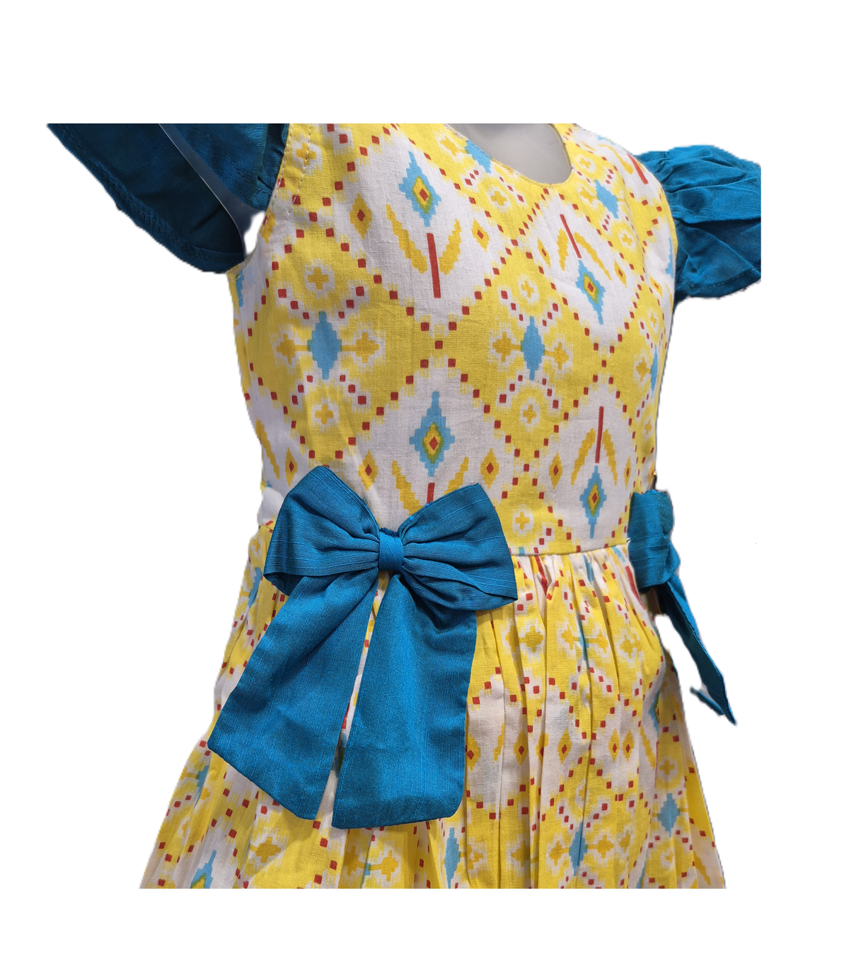 Sunshine Yellow Ikat Print Cotton Frock with Teal Butterfly Sleeves - House of Kritee