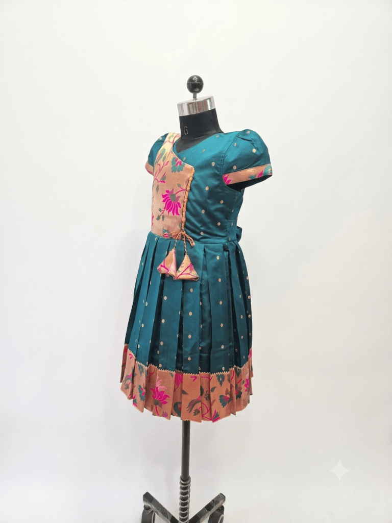 Teal & Gold Silk Floral Girls' Frock