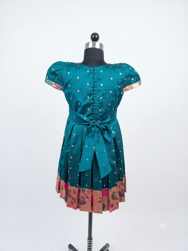 Teal & Gold Silk Floral Girls' Frock