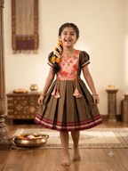 Black and gold traditional Khun knee length frock with peach lotus swan yoke - House of Kritee