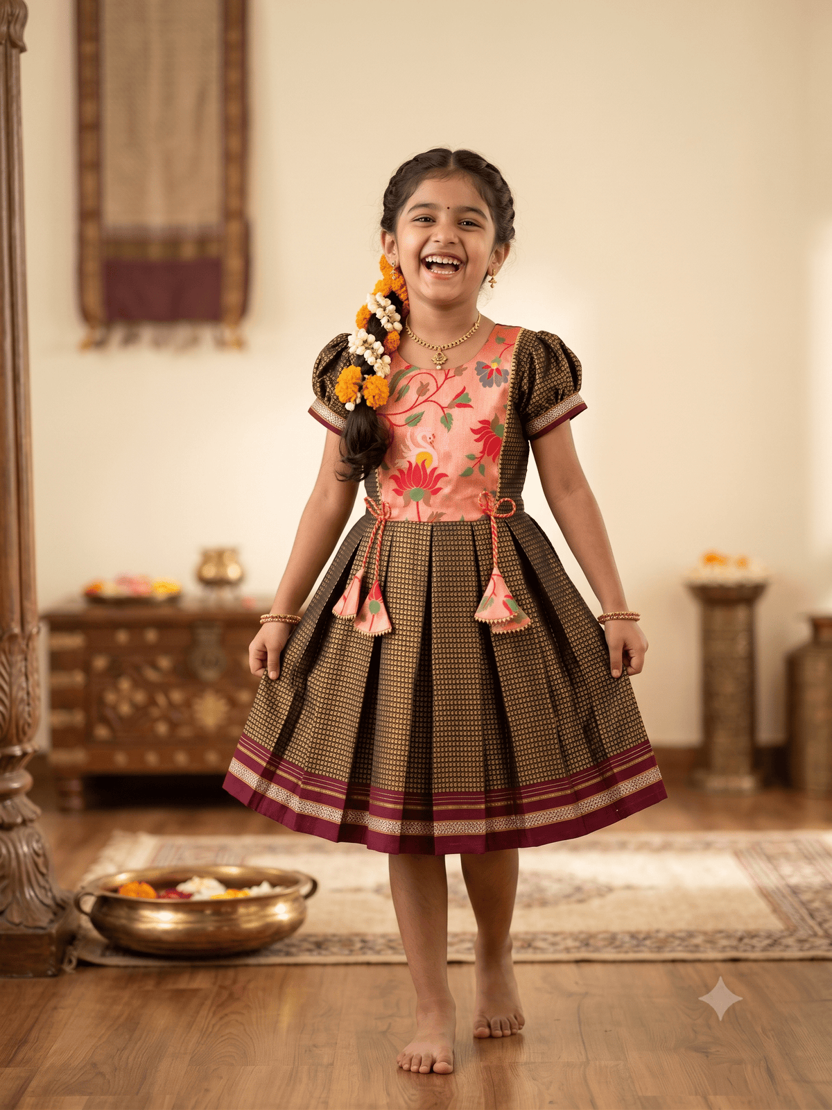 Black and gold traditional Khun knee length frock with peach lotus swan yoke - House of Kritee