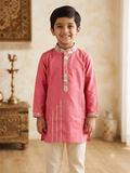 Boys traditional pink silk kurta pyjama set with printed collar and cuffs - House of Kritee