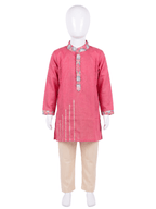 Boys traditional pink silk kurta pyjama set with printed collar and cuffs - House of Kritee