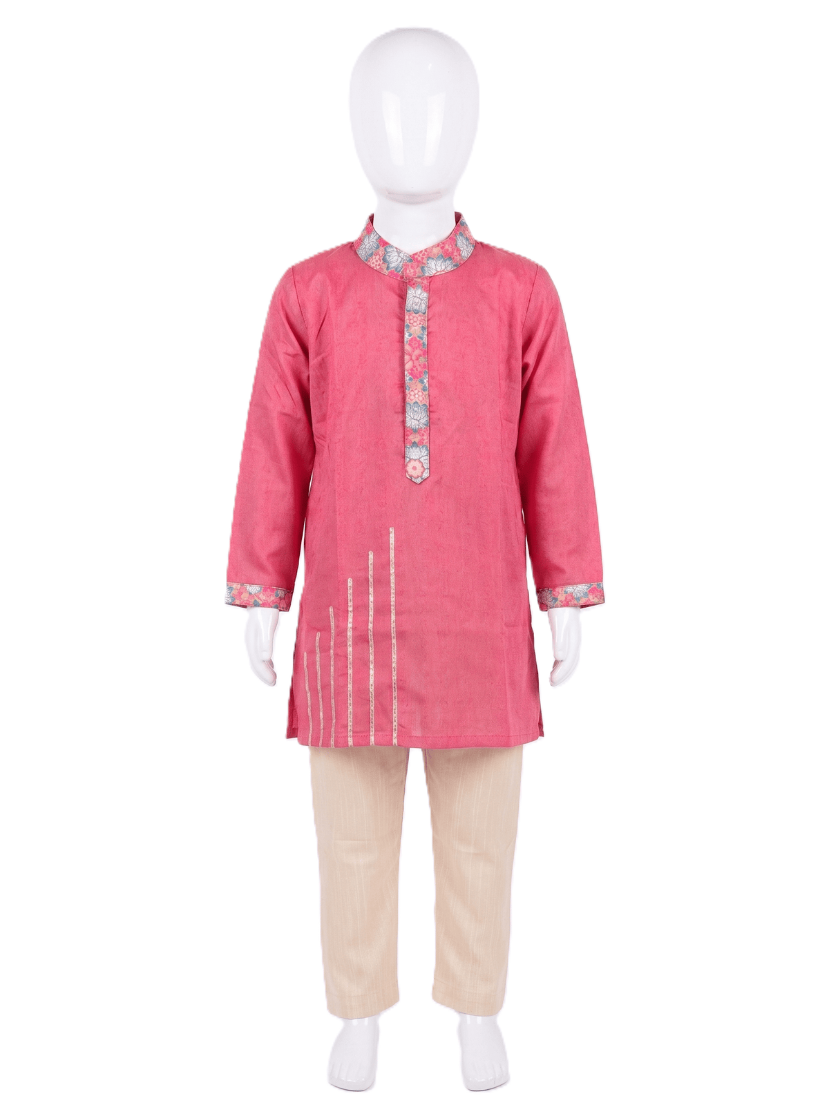 Boys traditional pink silk kurta pyjama set with printed collar and cuffs - House of Kritee
